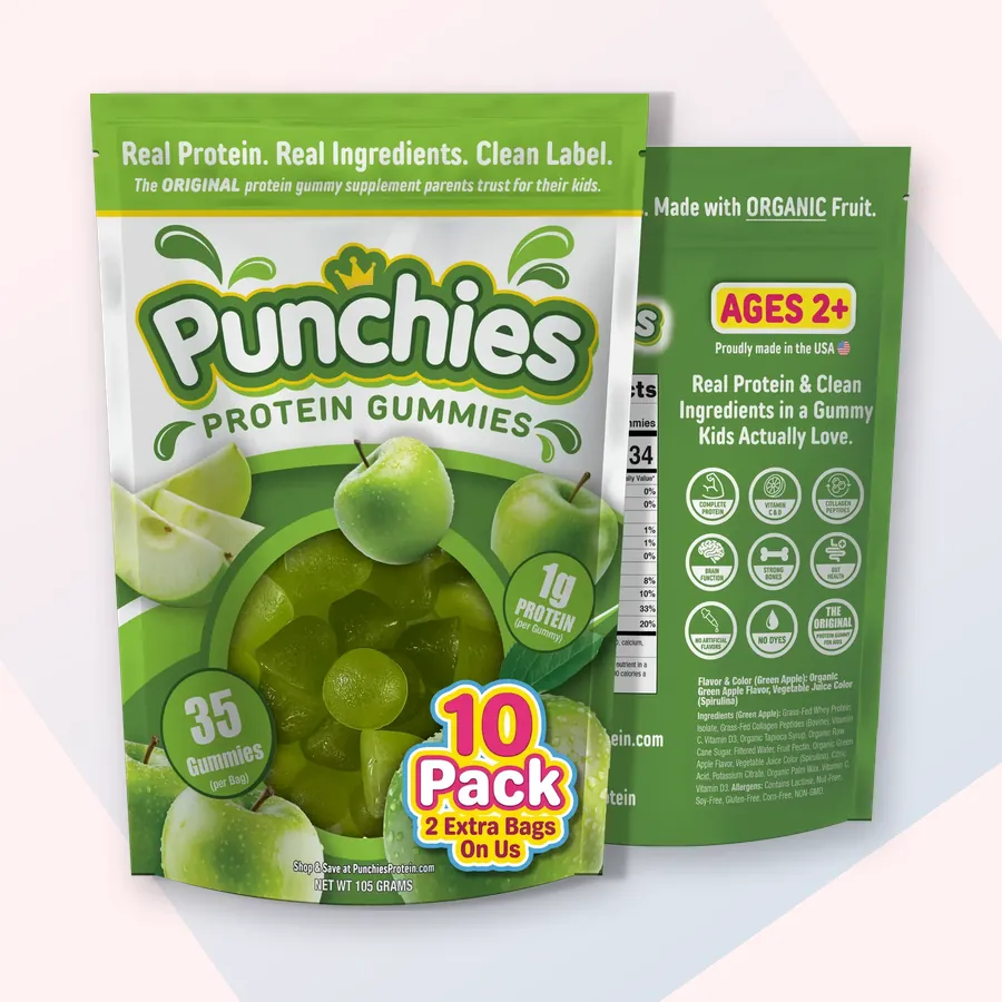 Gummy bear protein gummies: Punchies green apple protein gummies, 10-bag pack