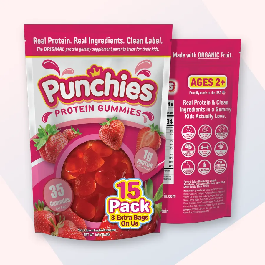 Gummy bear protein gummies: Punchies strawberry protein gummies, 15-bag pack