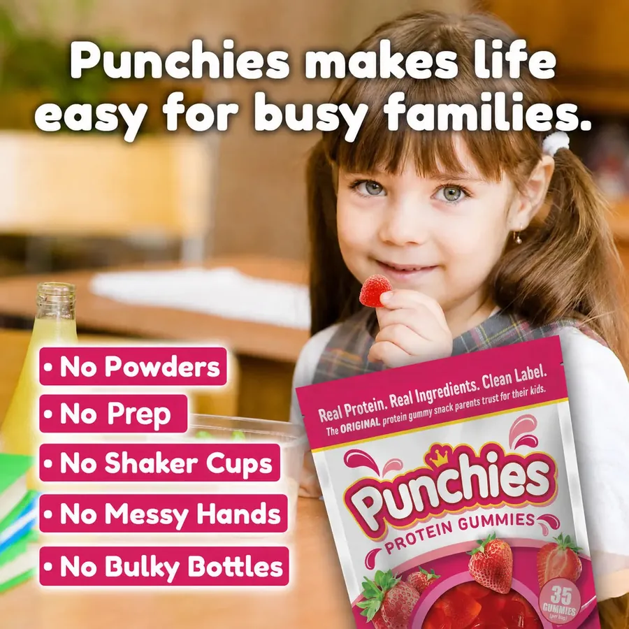 Gummy bear protein gummies: a child enjoying Punchies protein gummies, with no powders, no prep and no shaker cups